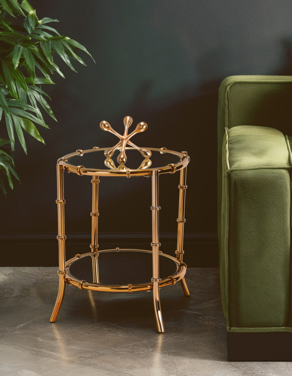 Clear Mirrored Top Side Table with Ring Clasp Detail and Gold Finish Iron Base, Kensington Townhouse
