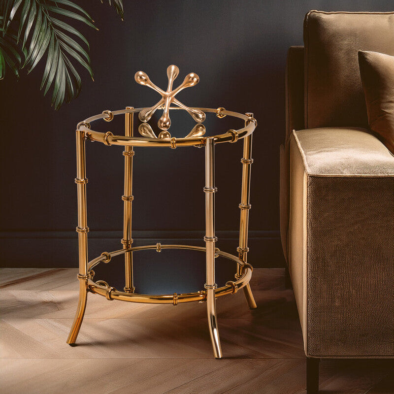 Clear Mirrored Top Side Table with Ring Clasp Detail and Gold Finish Iron Base, Kensington Townhouse