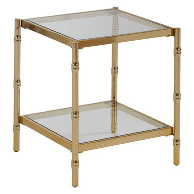 Clear Mirrored Two-Tier Square Side Table with Gold Finish Iron Frame, Kensington Townhouse