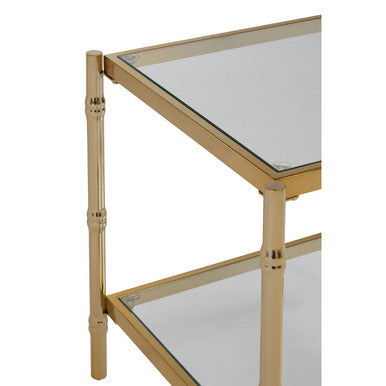 Clear Mirrored Two-Tier Square Side Table with Gold Finish Iron Frame, Kensington Townhouse