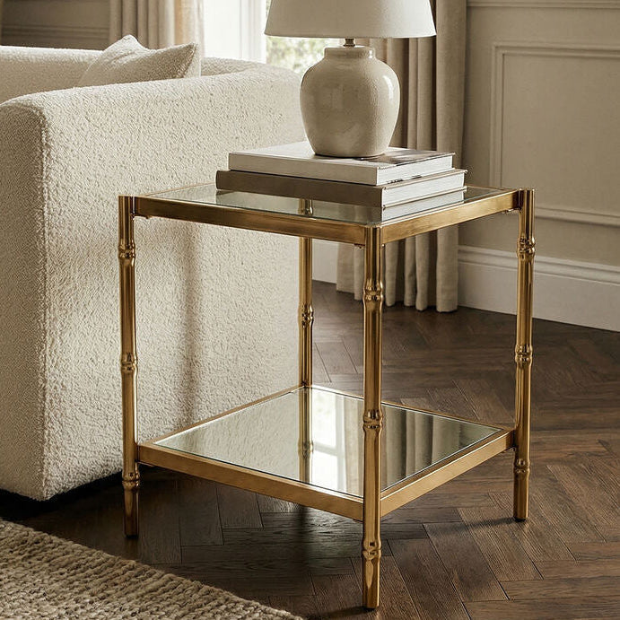 Clear Mirrored Two-Tier Square Side Table with Gold Finish Iron Frame, Kensington Townhouse