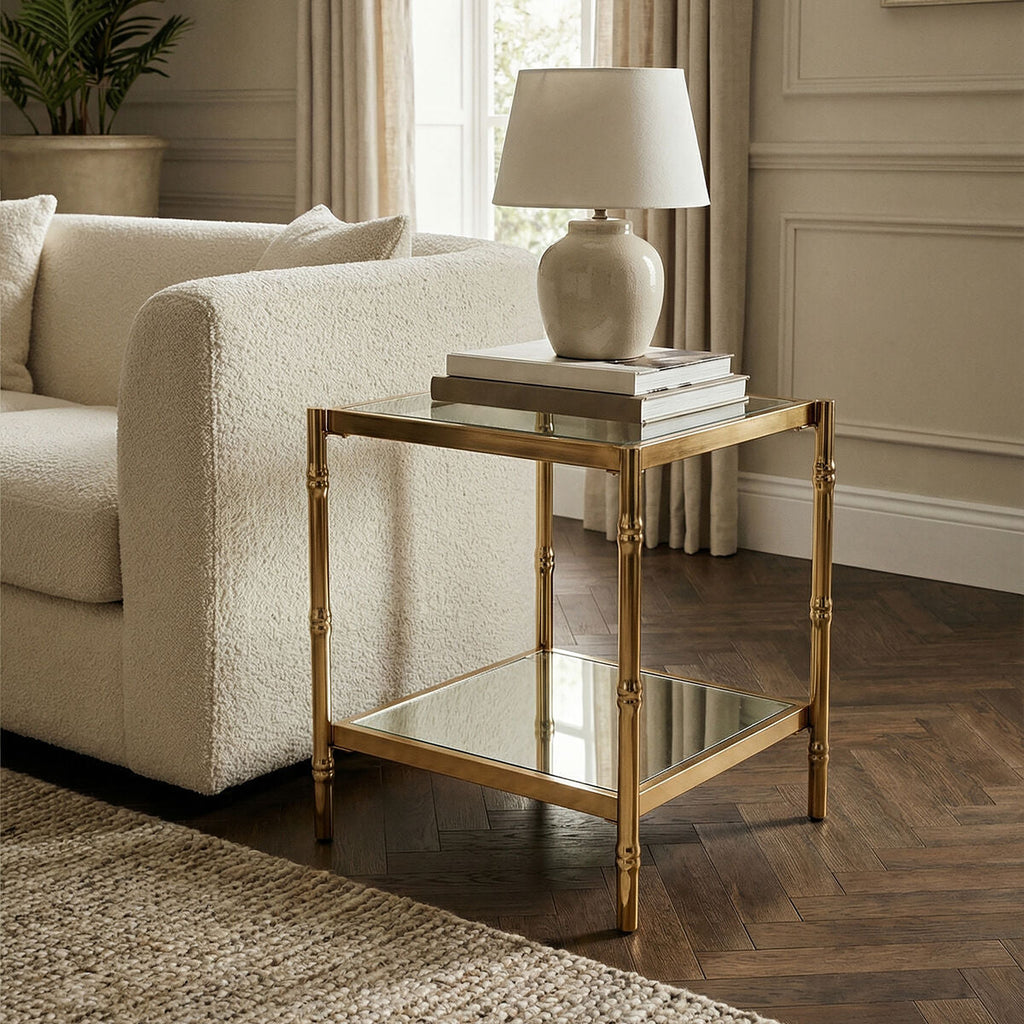 Clear Mirrored Two-Tier Square Side Table with Gold Finish Iron Frame | Kensington Townhouse
