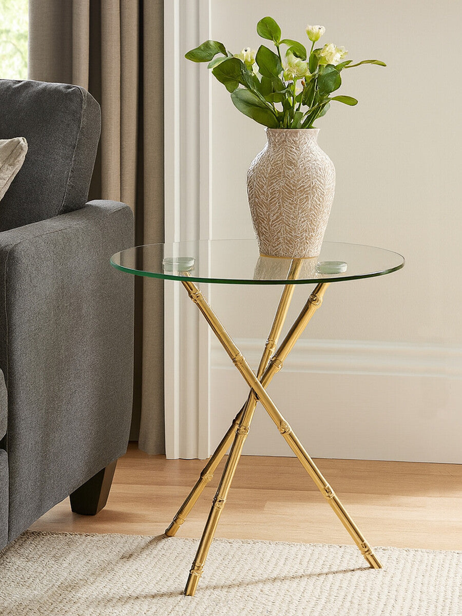 Clear Glass Top Side Table with Gold Bamboo Style Legs, Kensington Townhouse