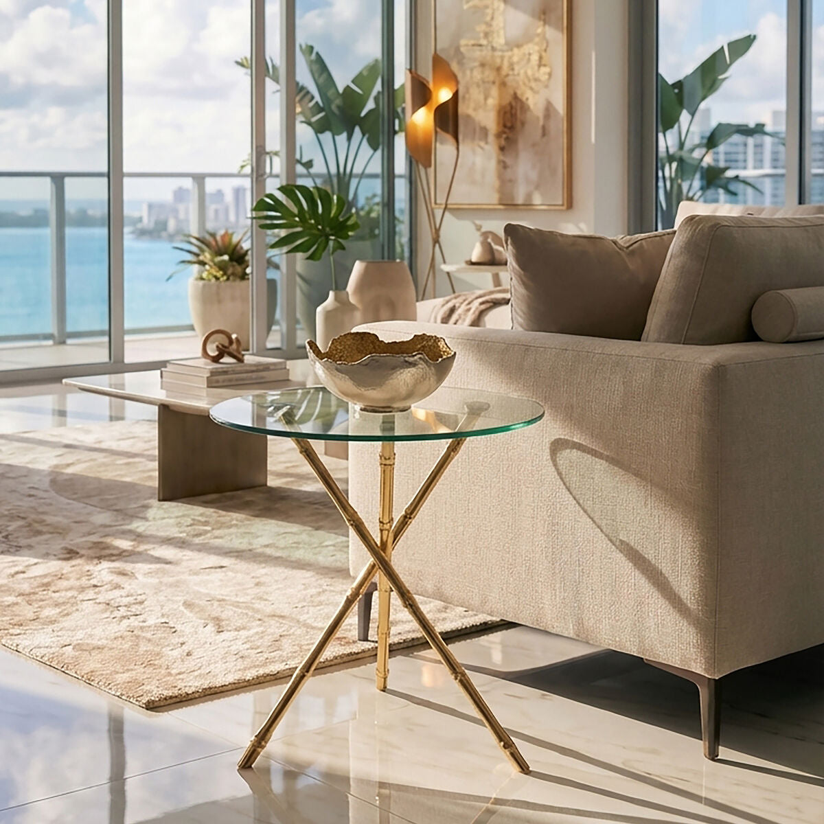 Clear Glass Top Side Table with Gold Bamboo Style Legs, Kensington Townhouse