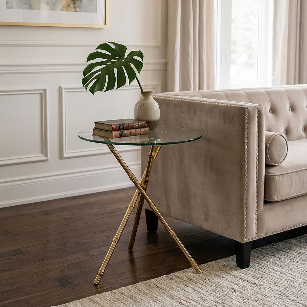Clear Glass Top Side Table with Gold Bamboo Style Legs, Kensington Townhouse