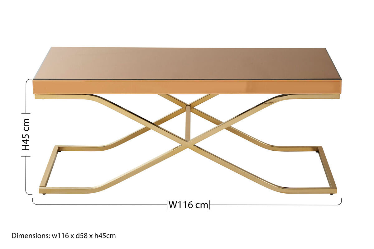 Light Brown Glass Top Coffee Table with Gold Finish Iron Frame, Kensington Townhouse