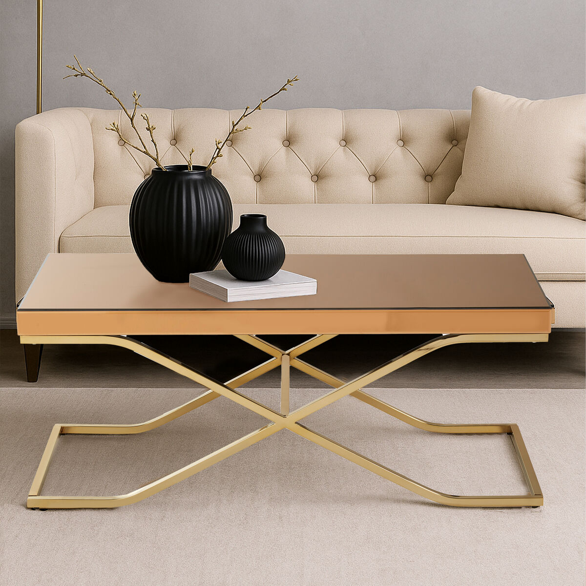 Light Brown Glass Top Coffee Table with Gold Finish Iron Frame, Kensington Townhouse