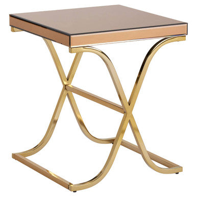 Brown Square Glass Top Side Table with Gold Finish Metallic X-Shaped Base | Kensington Townhouse