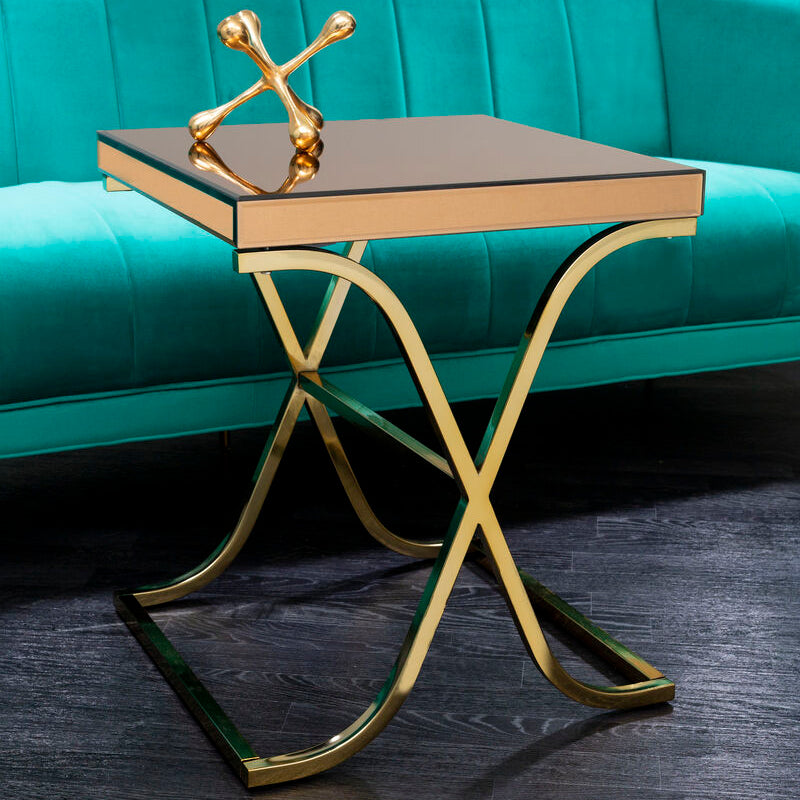 Brown Square Glass Top Side Table with Gold Finish Metallic X-Shaped Base | Kensington Townhouse