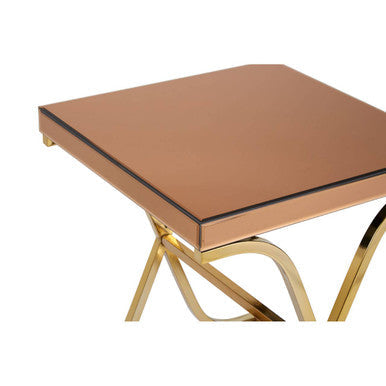 Brown Square Glass Top Side Table with Gold Finish Metallic X-Shaped Base, Kensington Townhouse