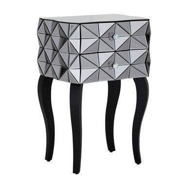 Silver Smoked 3D Geometric Glass Front 2-Drawer Bedside Table with Cut Glass Handles and Cabriole Legs, Soho