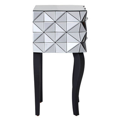 Silver Smoked 3D Geometric Glass Front 2-Drawer Bedside Table with Cut Glass Handles and Cabriole Legs, Soho