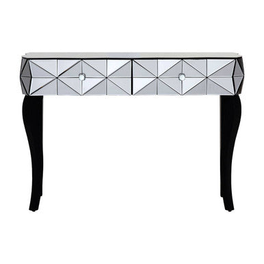 Smoke Mirrored Glass Top Two-Drawer Console Table with 3D Glass Silver Detail and Black Wood Legs, Kensington Townhouse