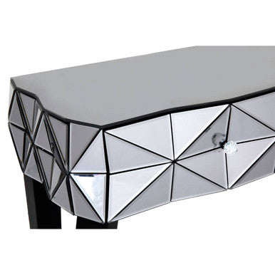 Smoke Mirrored Glass Top Two-Drawer Console Table with 3D Glass Silver Detail and Black Wood Legs, Kensington Townhouse