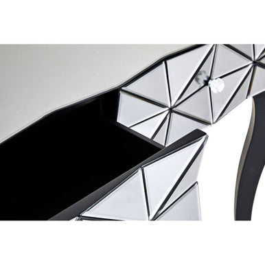 Smoke Mirrored Glass Top Two-Drawer Console Table with 3D Glass Silver Detail and Black Wood Legs, Kensington Townhouse