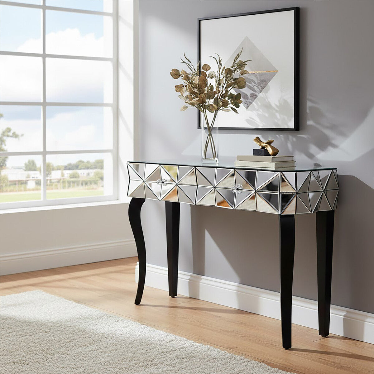 Smoke Mirrored Glass Top Two-Drawer Console Table with 3D Glass Silver Detail and Black Wood Legs, Kensington Townhouse