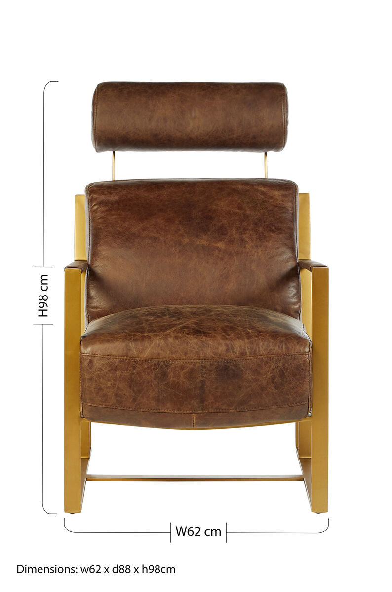Hoxton Brown Leather Lounge Chair with Rose Gold Finish Iron Frame