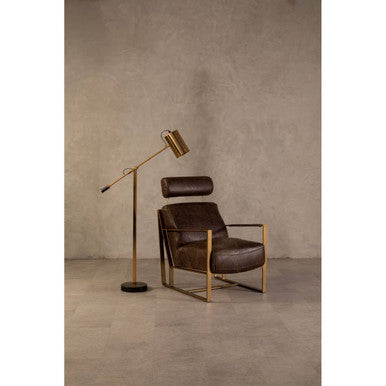 Hoxton Brown Leather Lounge Chair with Rose Gold Finish Iron Frame
