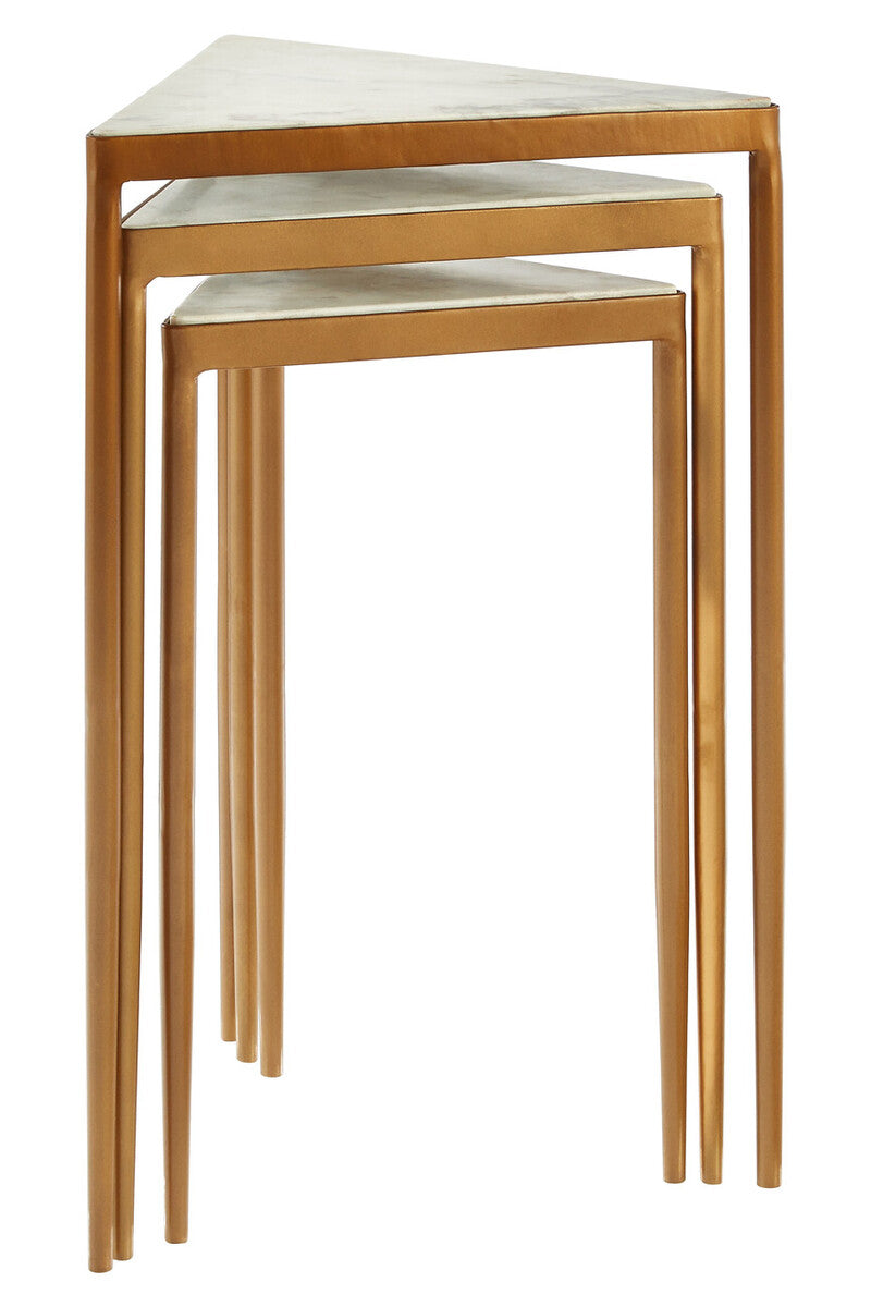 Set of 3 Triangle White Marble Top Nesting Tripod Tables Gold Legs | Shalimar