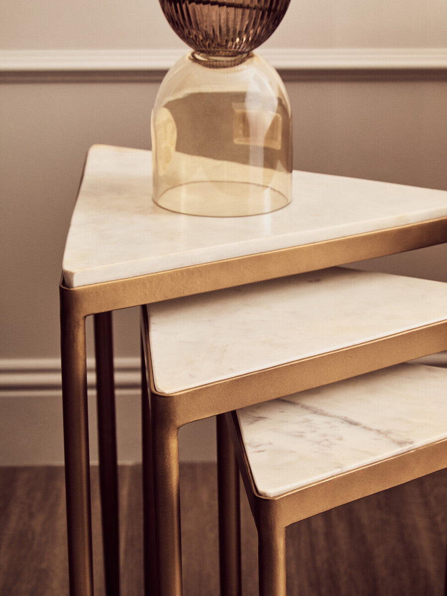 Set of 3 Triangle White Marble Top Nesting Tripod Tables Gold Legs | Shalimar