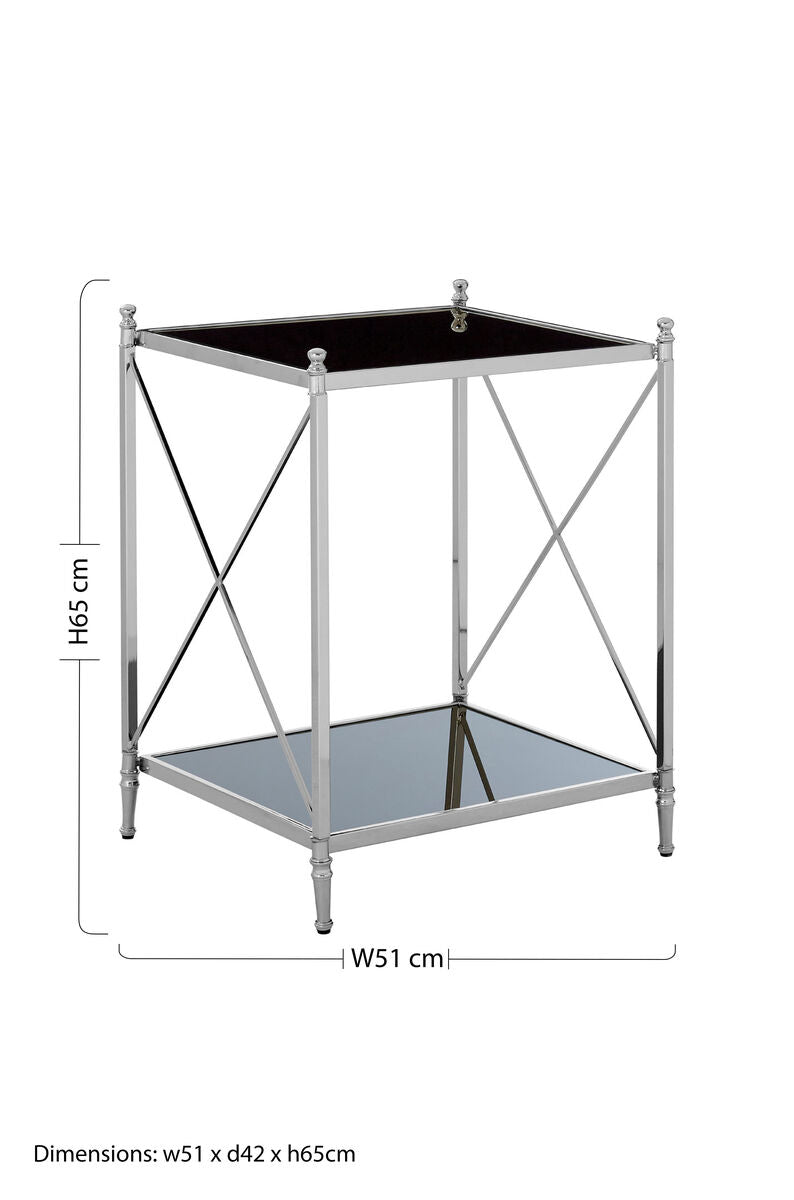 Silver 2 Tier Black Mirrored Glass Square Side Table, Hoffmann