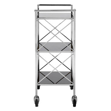 Black Mirrored Glass 3 Tier Trolley with Silver Finish, Hoffmann