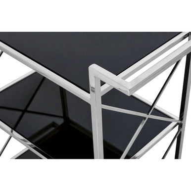 Black Mirrored Glass 3 Tier Trolley with Silver Finish, Hoffmann