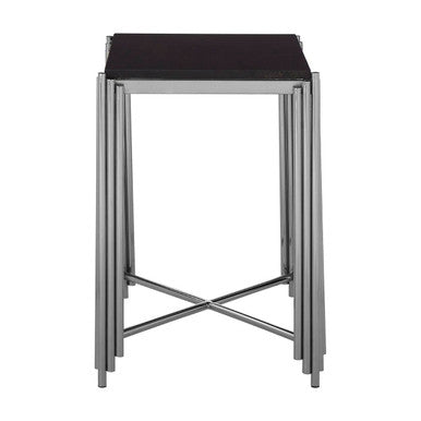 Black Granite Top Art Deco Side Table with Silver Finish X-Shaped Cross, Clarice