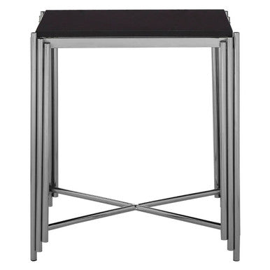 Black Granite Top Art Deco Side Table with Silver Finish X-Shaped Cross, Clarice