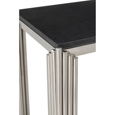Black Granite Top Art Deco Console Table with Silver Finish X-Shaped Cross, Clarice