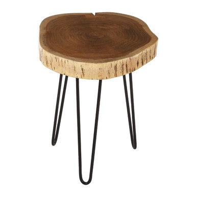 Brown Acacia Wood Cross Section Top Tripod Base Side Table, Nandri