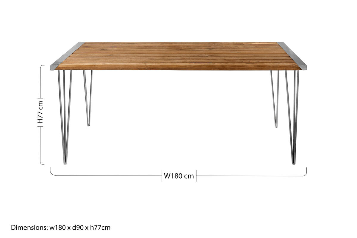 Brown Slatted Teak Wood Dining Table with Nickel Finish Hairpin Legs, Nandri