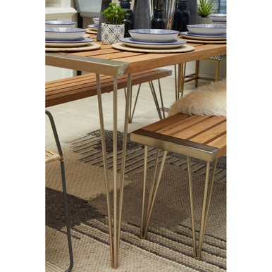Brown Slatted Teak Wood Dining Table with Nickel Finish Hairpin Legs, Nandri