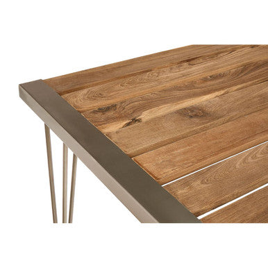Brown Slatted Teak Wood Dining Table with Nickel Finish Hairpin Legs, Nandri