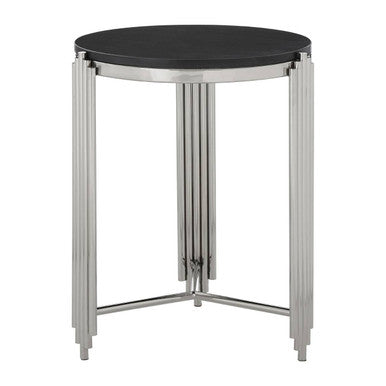 Black Granite Round Side Table with Silver Finish Fluted Effect Legs, Clarice