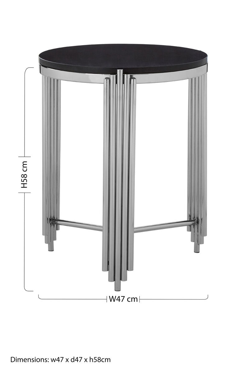 Black Granite Round Side Table with Silver Finish Fluted Effect Legs, Clarice
