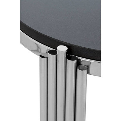 Black Granite Round Side Table with Silver Finish Fluted Effect Legs, Clarice