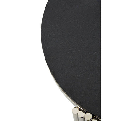 Black Granite Round Side Table with Silver Finish Fluted Effect Legs, Clarice