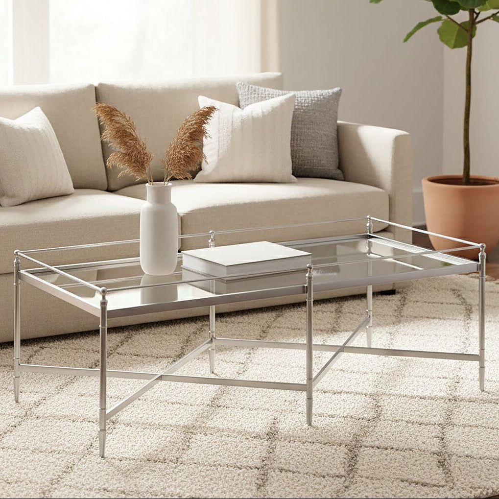 Mirrored Glass Coffee Table with Silver Cross Frame, Zach