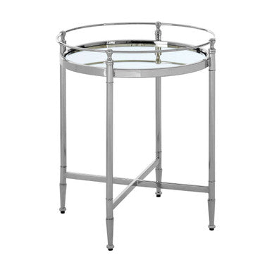 Round Mirrored Glass Side Table with Silver Cross Frame, Zach