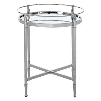 Round Mirrored Glass Side Table with Silver Cross Frame, Zach