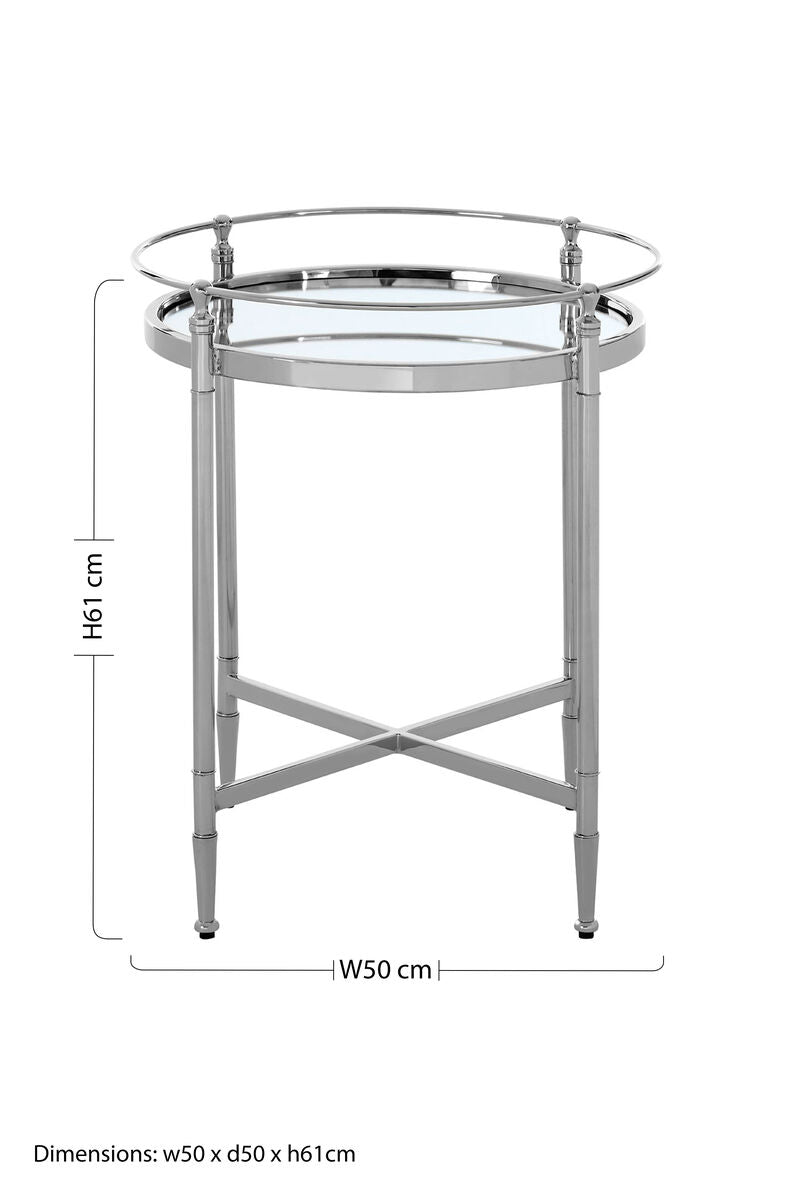 Round Mirrored Glass Side Table with Silver Cross Frame, Zach