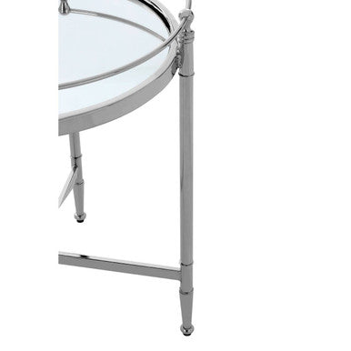 Round Mirrored Glass Side Table with Silver Cross Frame, Zach