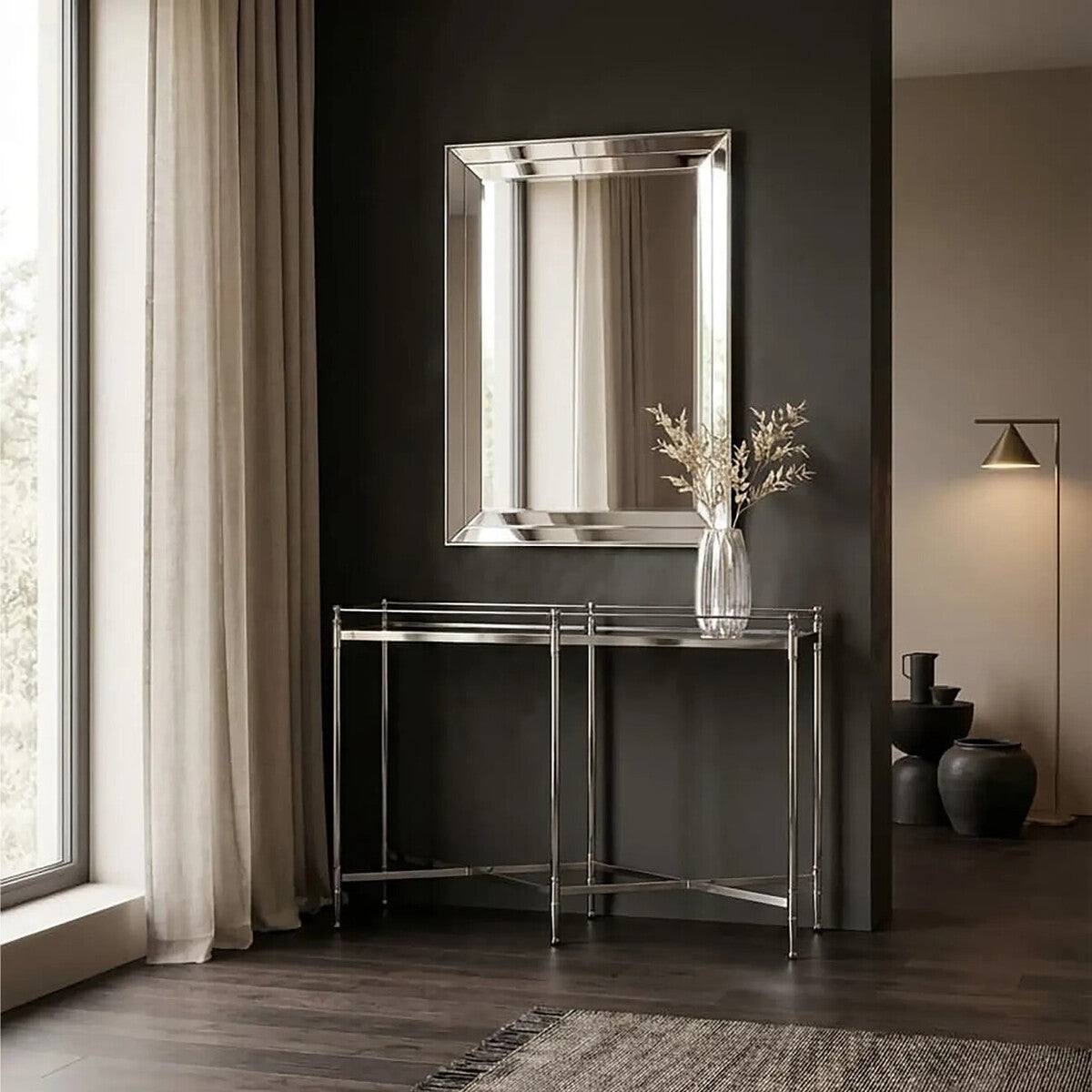 Mirrored Glass Console Table with Silver Cross Frame, Zach