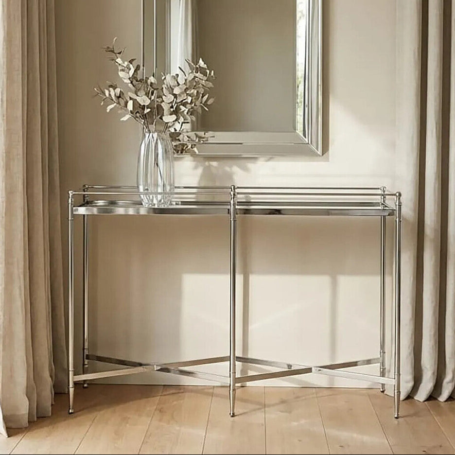 Mirrored Glass Console Table with Silver Cross Frame, Zach