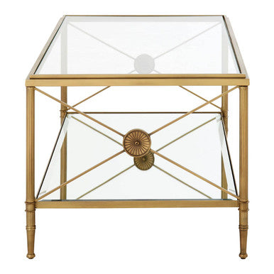 Gold Tarnished Brass Frame Coffee Table with Two-Tier Glass Shelves, Axis
