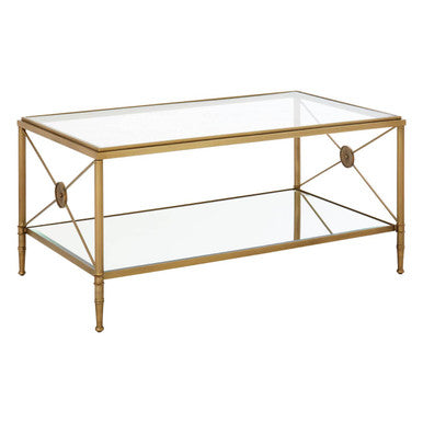 Gold Tarnished Brass Frame Coffee Table with Two-Tier Glass Shelves, Axis