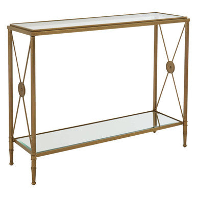 Gold Antique Effect Console Table with Cross End Design and Two-Tier Glass Shelves, Axis