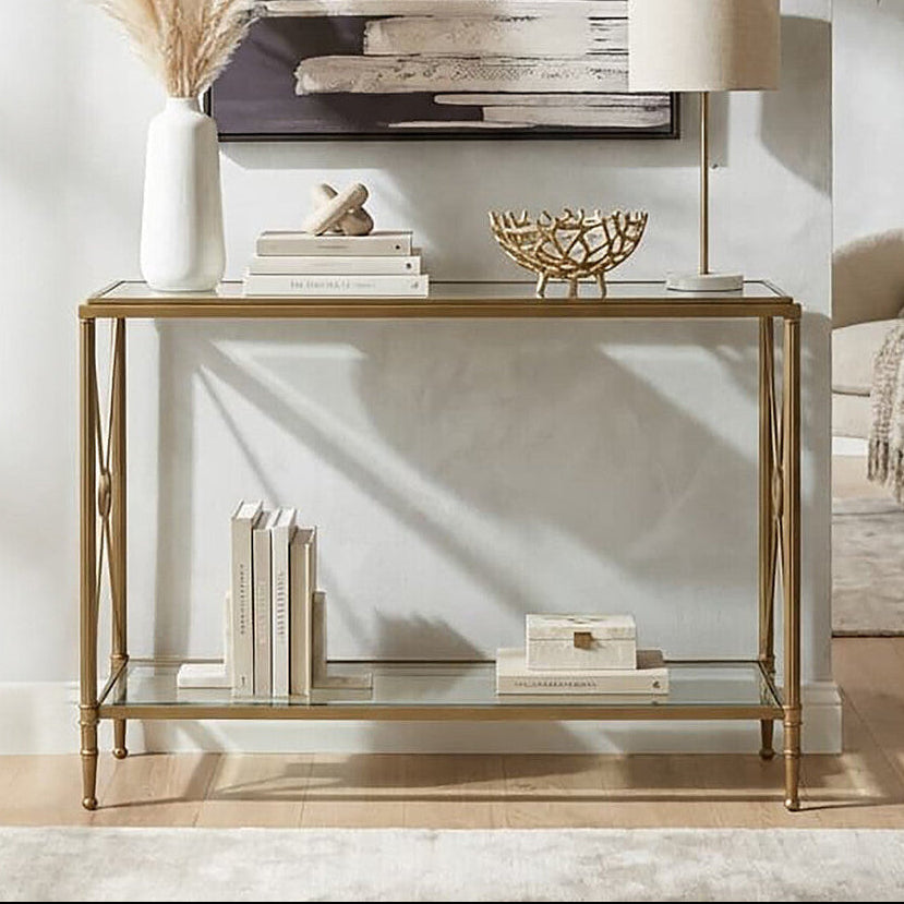 Gold Antique Effect Console Table with Cross End Design and Two-Tier Glass Shelves, Axis