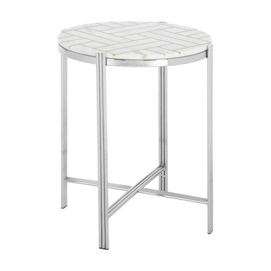 White Marble Top Side Table with Gold Detail and Silver Finish Frame, Eva
